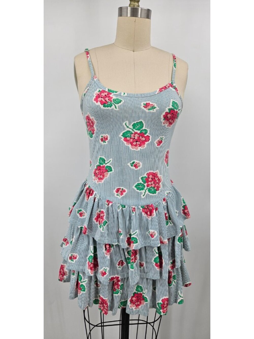 VTG Betsey Johnson Floral Striped Mini Dress Womens S Tiered Y2K Cottagecore